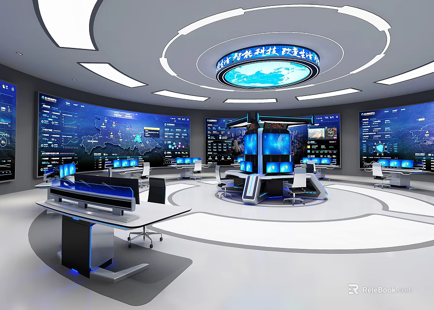 Modern Control Room Featuring Multiple Large Screens Data Display Consoles Blue Lighting And Circular Layout 3d model 