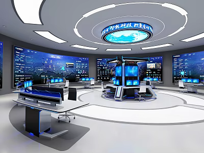 Modern Control Room Featuring Multiple Large Screens Data Display Consoles Blue Lighting And Circular Layout 3d model