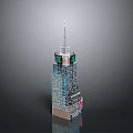 Modern Tall Office Building with Glass Curtain Wall and Green Top Design Elements