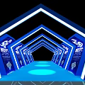 Blue Illuminated Archway With Multiple Arch Structures Blue Floor Lighting And Exhibition Panels