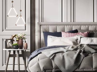 Cozy Double Bed With Grey Headboard Pillows Blanket Side Table Vase And Pendant Lights 3d model