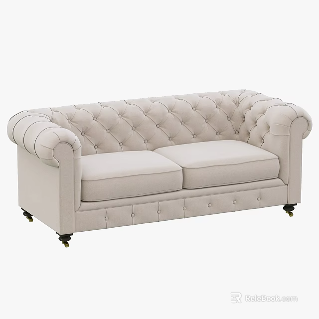 Beige Double Sofa With Tufted Design Rolled Arms And Black Legs 3d model