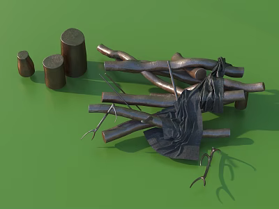 Natural Stone and Wood Bundles with Wooden Stumps and Metal Tools on Green Background 3d model