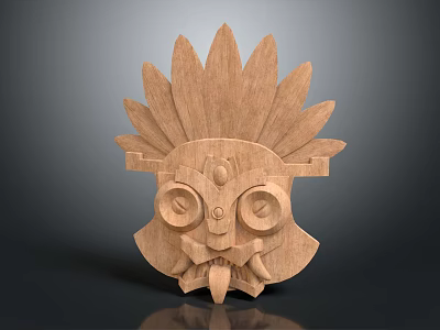 Traditional Tribal Wooden Mask With Feathered Headdress And Carved Facial Features 3d model
