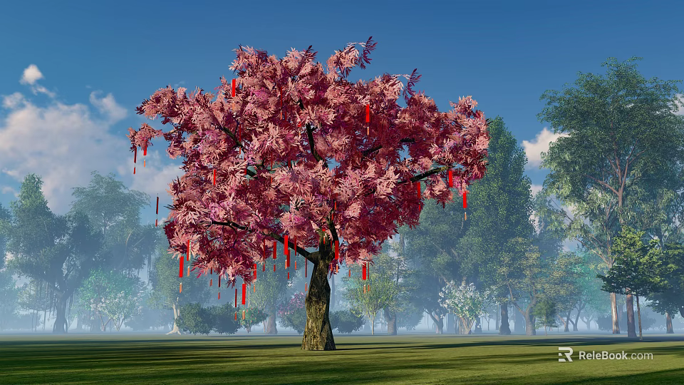 Tall Arbor With Pink Blossoms Red Decorations Blue Sky And Green Grass 3d model 