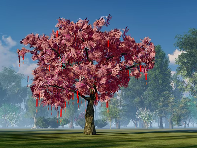 Tall Arbor With Pink Blossoms Red Decorations Blue Sky And Green Grass 3d model
