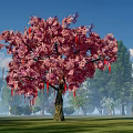 Tall Arbor With Pink Blossoms Red Decorations Blue Sky And Green Grass