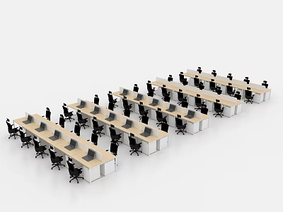 Office Desks Arranged In Rows With Black Chairs In Modern Workspace 3d model