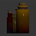 Colorful Glass Bottles Of Various Sizes With Cork Stoppers On Dark Surface