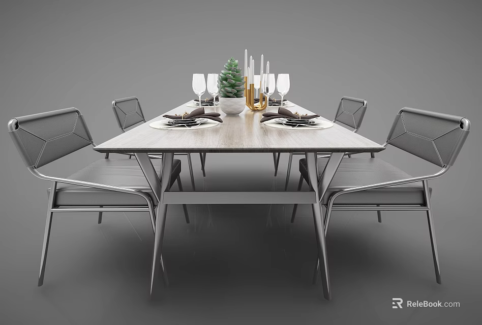 Modern Dining Table Set With Metal Frame Chairs Plants Wine Glasses And Cutlery 3d model 
