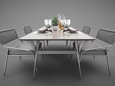 Modern Dining Table Set With Metal Frame Chairs Plants Wine Glasses And Cutlery 3d model
