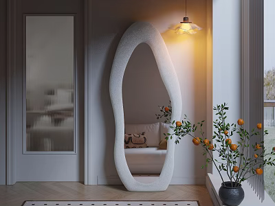 Unique Shaped White Mirror in Modern Living Room with Sofa Cushion Hanging Lamp and Plant 3d model