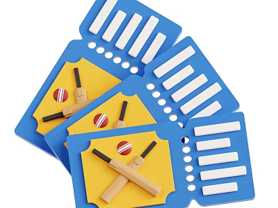 Blue And Yellow Decorative Ornament Set With White Strips Cricket Ball And Bat 3d model