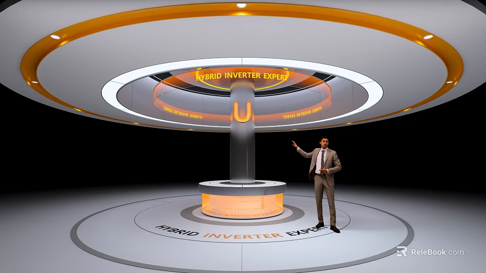 Tech Exhibition Hall With Rapid Inverter Entry Illuminated U Structure Circular Display Platform And Presenter 3d model