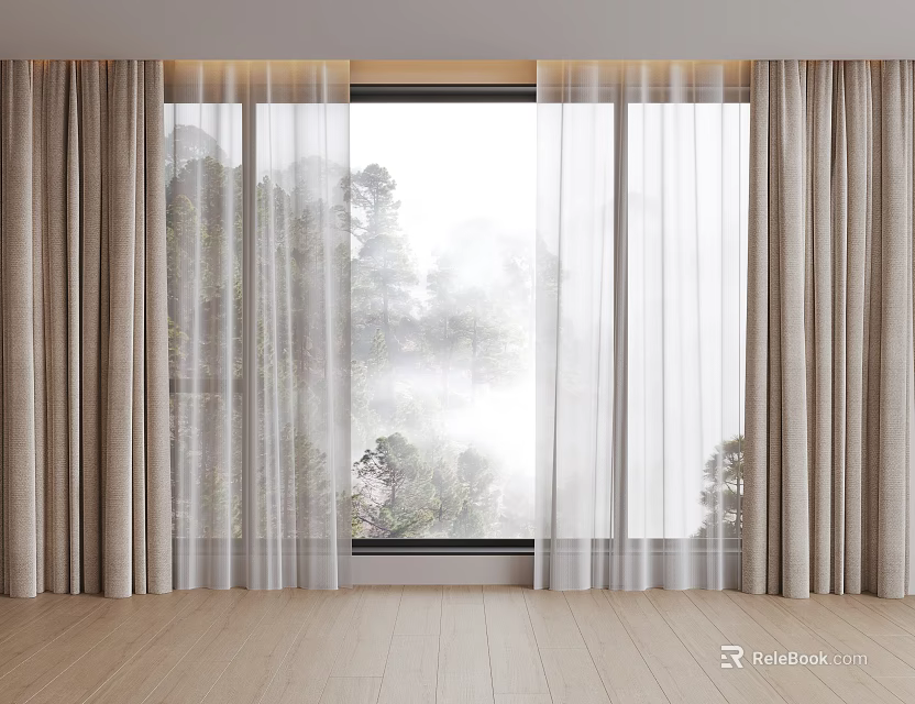 Beige Thick Curtains With White Sheer Panels And Natural Scenery Outside Window 3d model 
