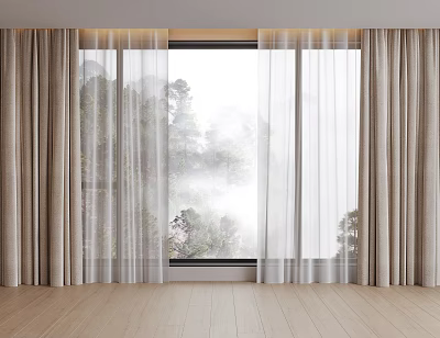 Beige Thick Curtains With White Sheer Panels And Natural Scenery Outside Window 3d model