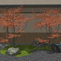 Red Leaf Trees with Green Grass Pebble Ground Stone Water Feature and Wooden Background Wall