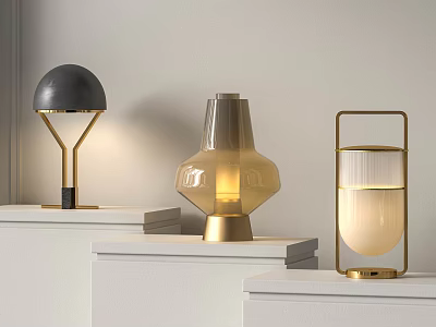 Three Stylish Modern Table Lamps With Gold Base And Glass Shade On White Shelves 3d model