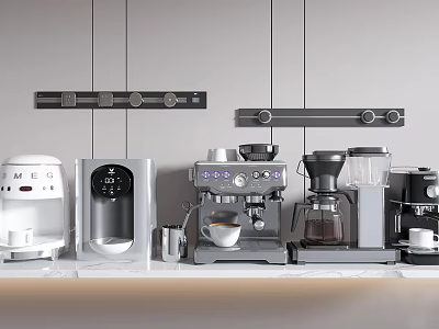 Modern Kitchen Countertop With Various Appliances Like Coffee Machine Blender And Water Dispenser 3d model