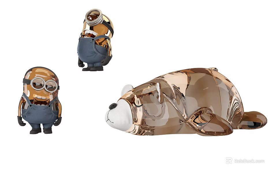 Cute Minions Dolls With Goggles Overalls And Transparent Bear Plush Toy Design 3d model 