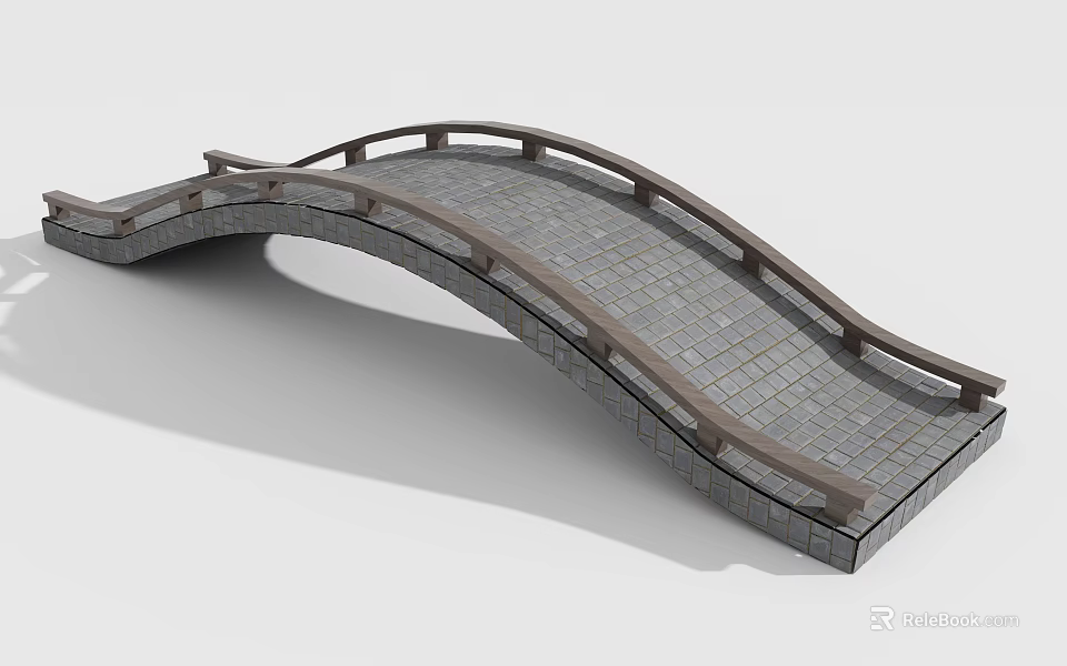 Traditional Curved Arch Bridge With Brick Deck And Wooden Railings Design 3d model 