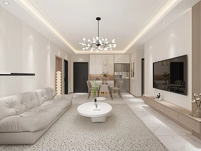 Modern Living And Dining Room Interior With White Sofa Round Coffee Table And Chandelier 3d model