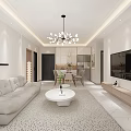 Modern Living And Dining Room Interior With White Sofa Round Coffee Table And Chandelier
