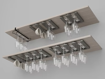 Wooden Wall Mounted Storage Shelves with Wine Glasses and White Cups 3d model