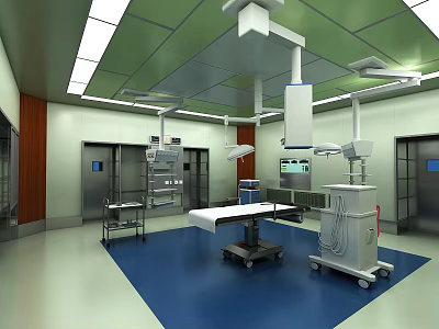 Modern Operating Room with Medical Equipment Surgical Lights Blue Floor Green Ceiling Stainless Steel Carts 3d model