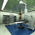 Modern Operating Room with Medical Equipment Surgical Lights Blue Floor Green Ceiling Stainless Steel Carts