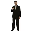 Man In Black Suit Holding Champagne Glass Standing Against Beige Background
