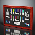 Wooden Frame Display Case With Military Medals Ribbons Emblems And Plaque