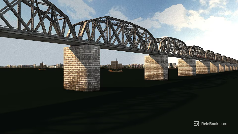Steel Truss Bridge With Stone Piers Over Water Under Blue Sky Cityscape 3d model 