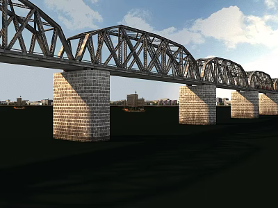 Steel Truss Bridge With Stone Piers Over Water Under Blue Sky Cityscape 3d model