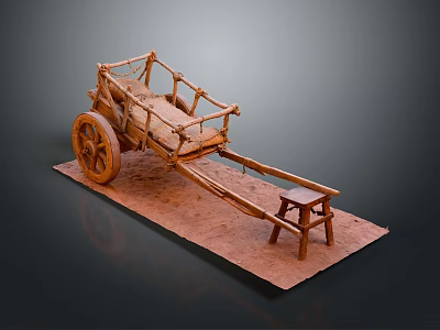 Traditional Handcrafted Wooden Cart Model With Wheels Frame And Small Stool 3d model