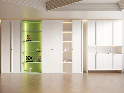Modern White Shoe Cabinet With Green LED Lights Open Shelves And Wooden Floor 3d model