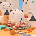 Cute White Bear Kids Toy Figurines With Small Houses Cakes Carrots And Blue Sky