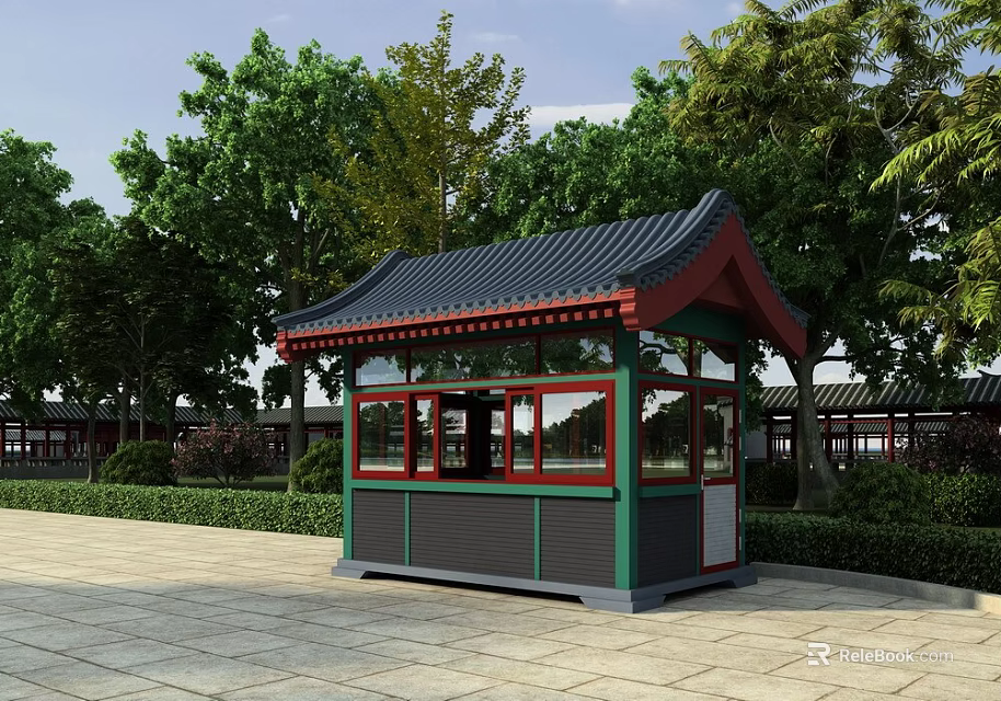 Traditional Guard Booth with Black Tiled Roof Green Red Frame and Trees Around Stone Pavement 3d model 