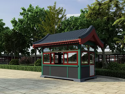 Traditional Guard Booth with Black Tiled Roof Green Red Frame and Trees Around Stone Pavement 3d model