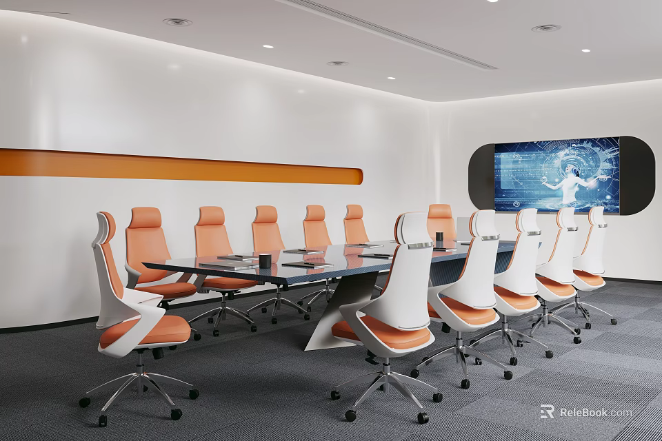 Modern Conference Room Interior With Long Table Orange And White Chairs And Screen 3d model 