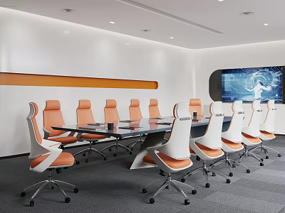Modern Conference Room Interior With Long Table Orange And White Chairs And Screen 3d model