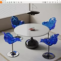 White Round Dining Table Set With Black Base And Four Blue Chairs 3d model