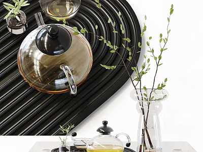 Elegant Tea Set With Glass Teapot Black Wavy Background Green Plants On White Tabletop 3d model