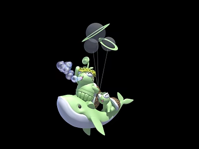 Game Movie Character in Yellow Helmet Riding White Whale With Bubbles And Ringed Planet Above 3d model