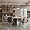 Modern Restaurant Interior With Open Kitchen Round Dining Table Bar Counter And Pendant Lights 3d model