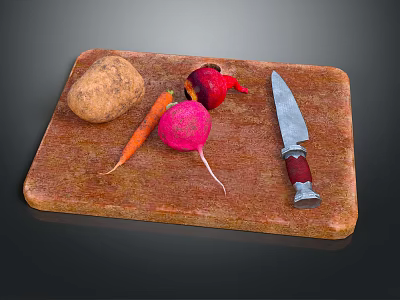Fresh Raw Vegetables on Wooden Cutting Board with Potato Carrot Beetroot and Knife 3d model