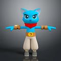Blue 3D Cartoon Cat Character Design With Red Scarf Yellow Belt White Pants