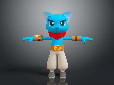 Blue 3D Cartoon Cat Character Design With Red Scarf Yellow Belt White Pants 3d model