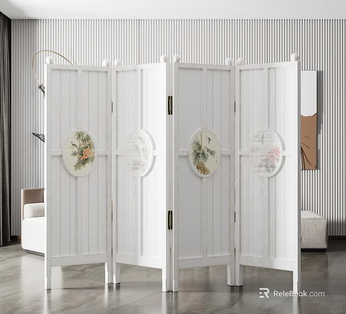 White Room Divider With Multiple Panels And Floral Circular Decorations For Modern Interior 3d model