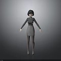 Woman With Black Short Hair High Neck Top Gray Skirt Long Stockings And High Heels